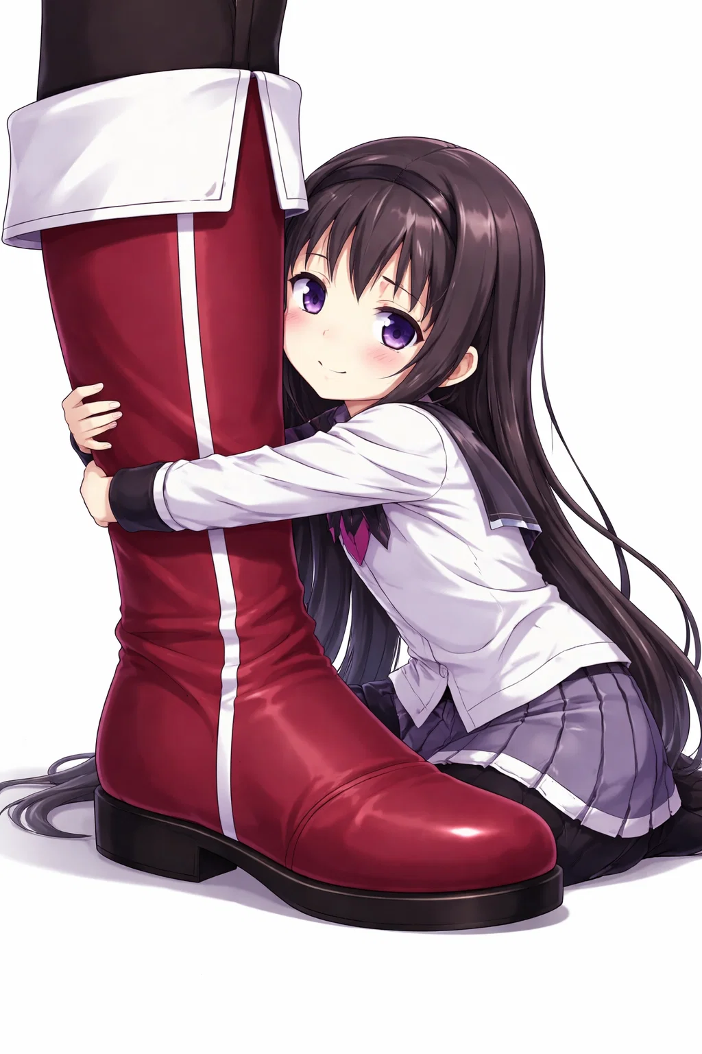 i make cute homu homu hugging kyoko's boots with ai (i am not artiste lole i type prompt and make cute thing happen)